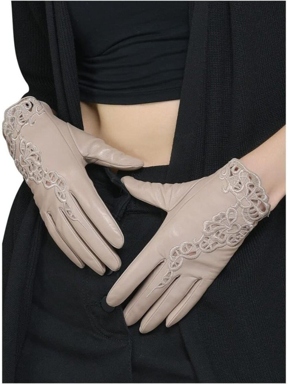 Women's Beige Unlined Touchscreen Genuine Leather Floral Sheepskin Gloves